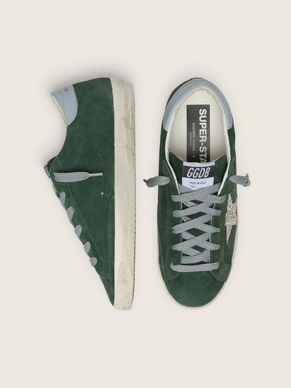 Golden Goose Womens Super-Star In Green Suede, Silver Glitter Star And Leather Heel Tab Womens