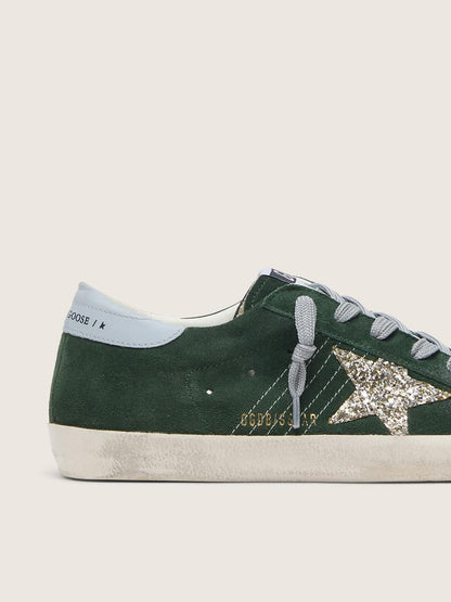 Golden Goose Womens Super-Star In Green Suede, Silver Glitter Star And Leather Heel Tab Womens