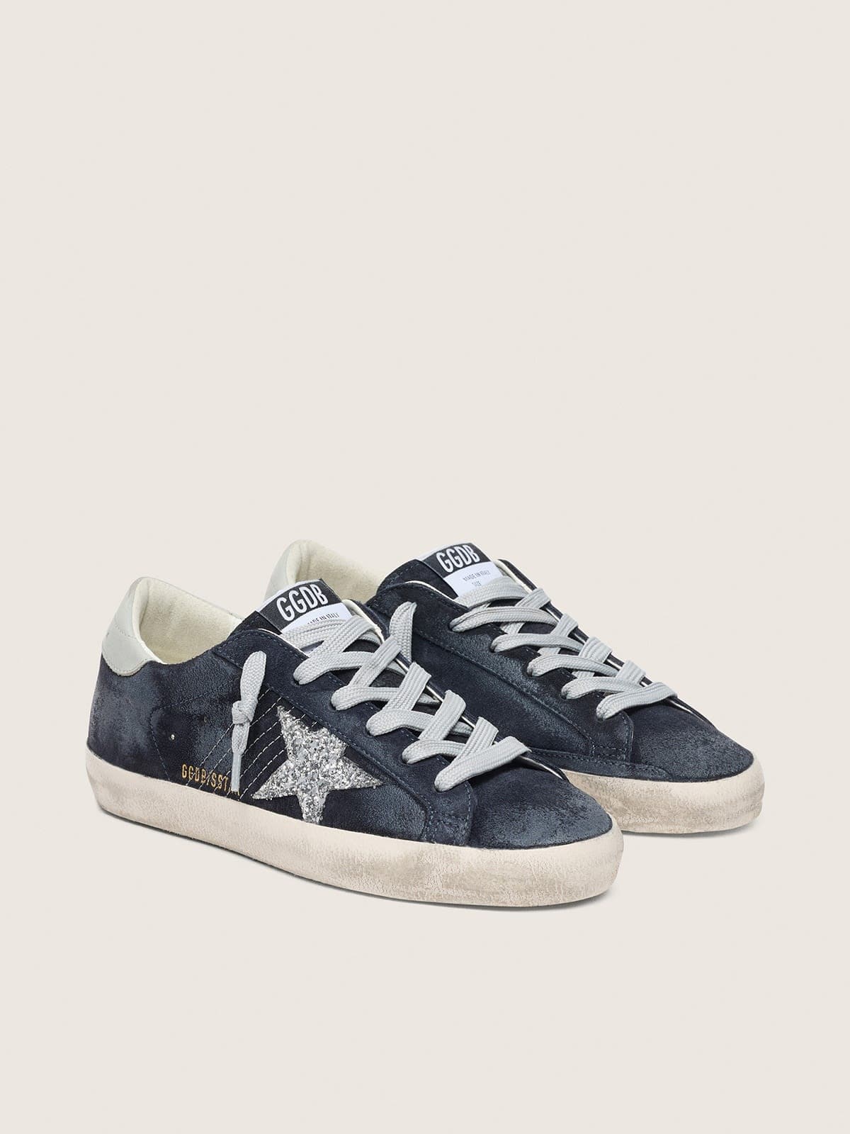 Golden Goose Womens Super-Star In Blue Suede With Silver Glitter Star And Leather Heel Tab Womens