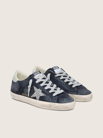 Golden Goose Womens Super-Star In Blue Suede With Silver Glitter Star And Leather Heel Tab Womens
