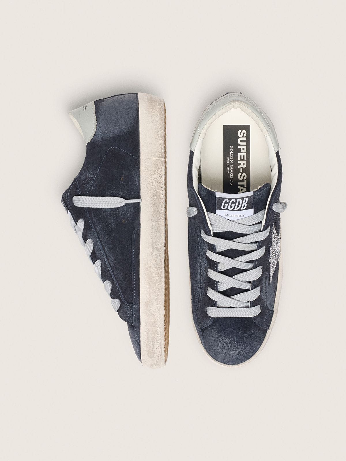 Golden Goose Womens Super-Star In Blue Suede With Silver Glitter Star And Leather Heel Tab Womens