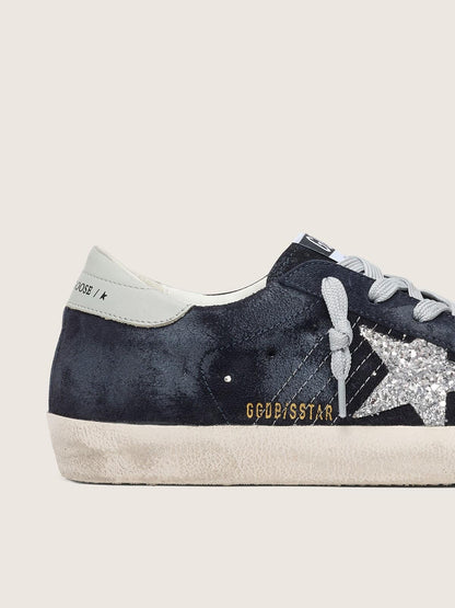 Golden Goose Womens Super-Star In Blue Suede With Silver Glitter Star And Leather Heel Tab Womens