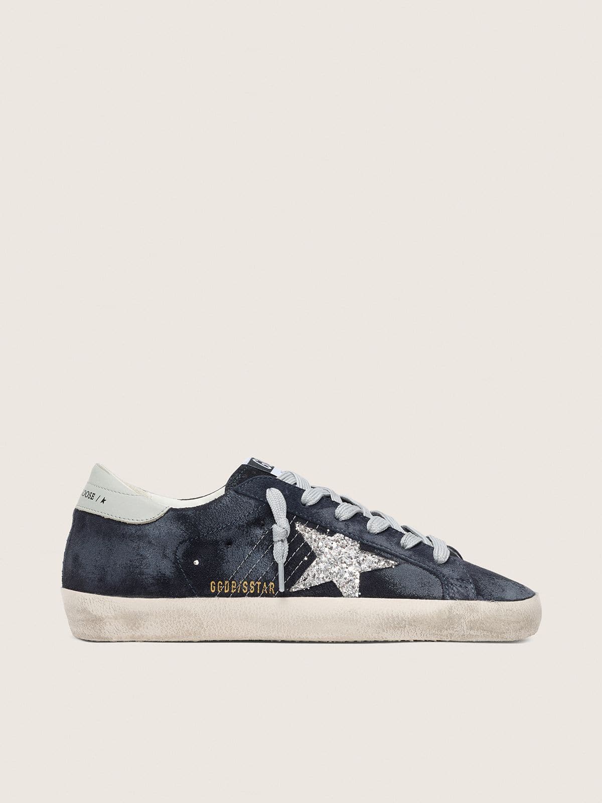 Golden Goose Womens Super-Star In Blue Suede With Silver Glitter Star And Leather Heel Tab Womens
