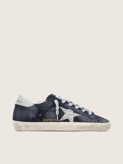 Golden Goose Womens Super-Star In Blue Suede With Silver Glitter Star And Leather Heel Tab Womens