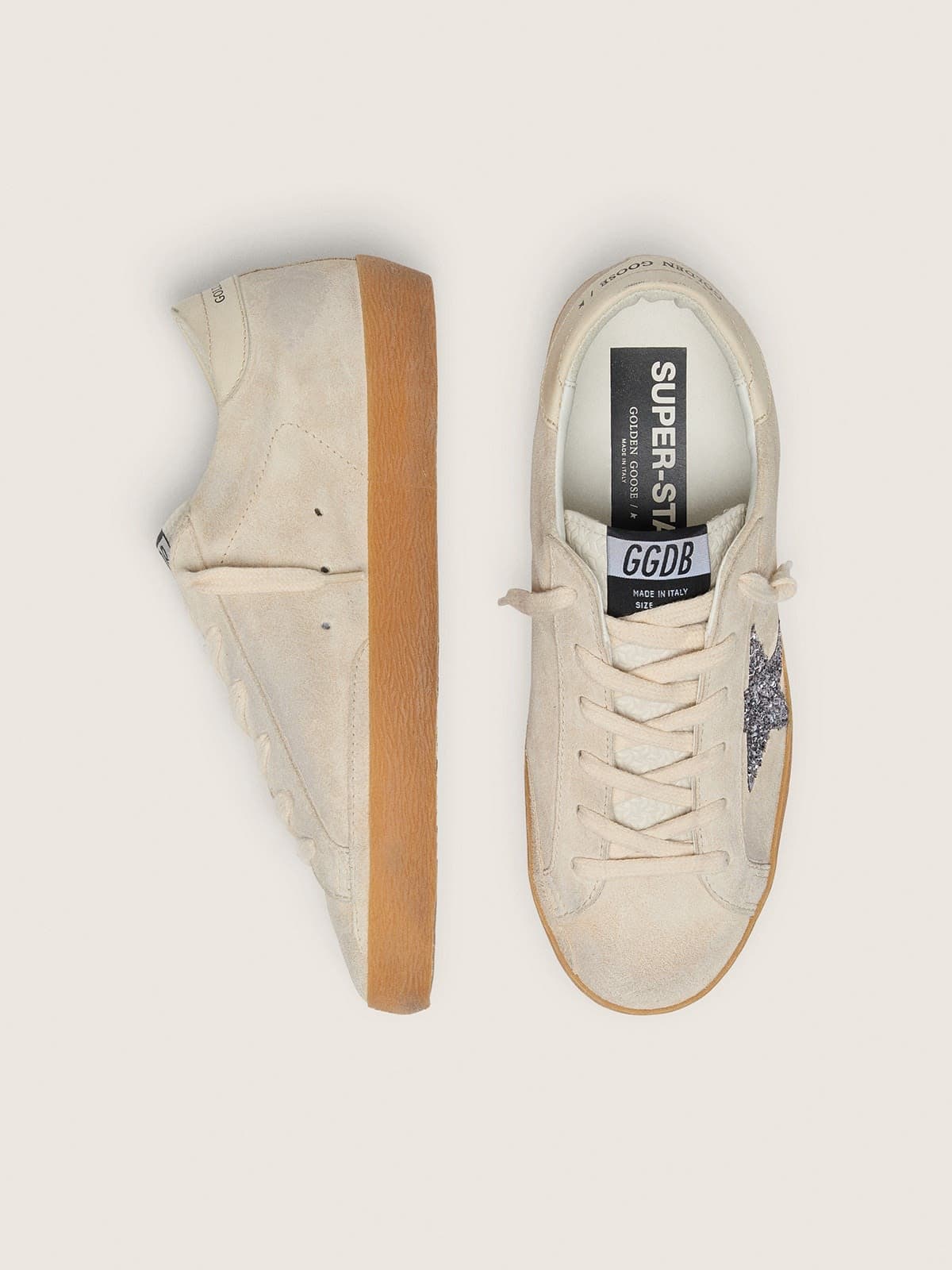 Golden Goose Womens Super-Star In Ice-Gray Suede With Silver Glitter Star And Leather Heel Tab Womens