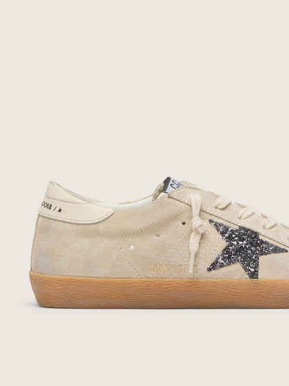 Golden Goose Womens Super-Star In Ice-Gray Suede With Silver Glitter Star And Leather Heel Tab Womens