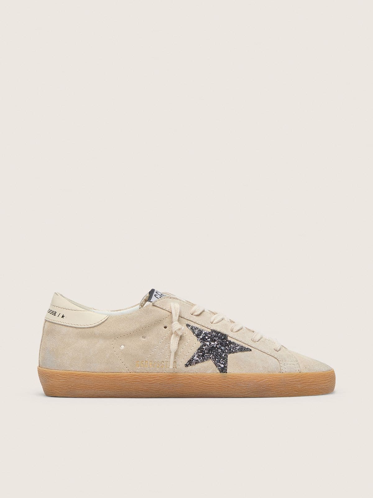 Golden Goose Womens Super-Star In Ice-Gray Suede With Silver Glitter Star And Leather Heel Tab Womens
