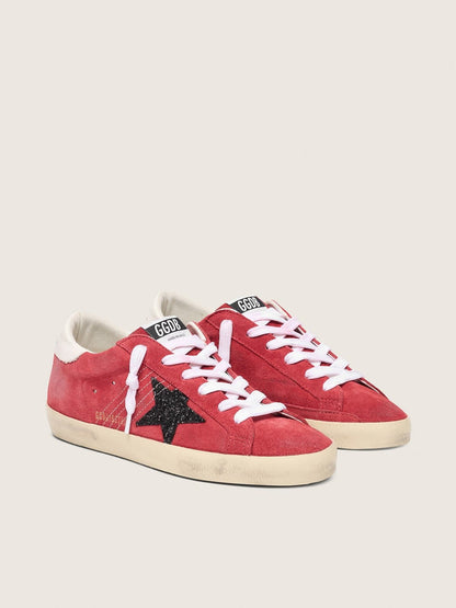 Golden Goose Womens Super-Star In Red Suede With Glitter Star And White Heel Tab Womens