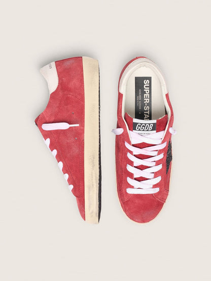 Golden Goose Womens Super-Star In Red Suede With Glitter Star And White Heel Tab Womens