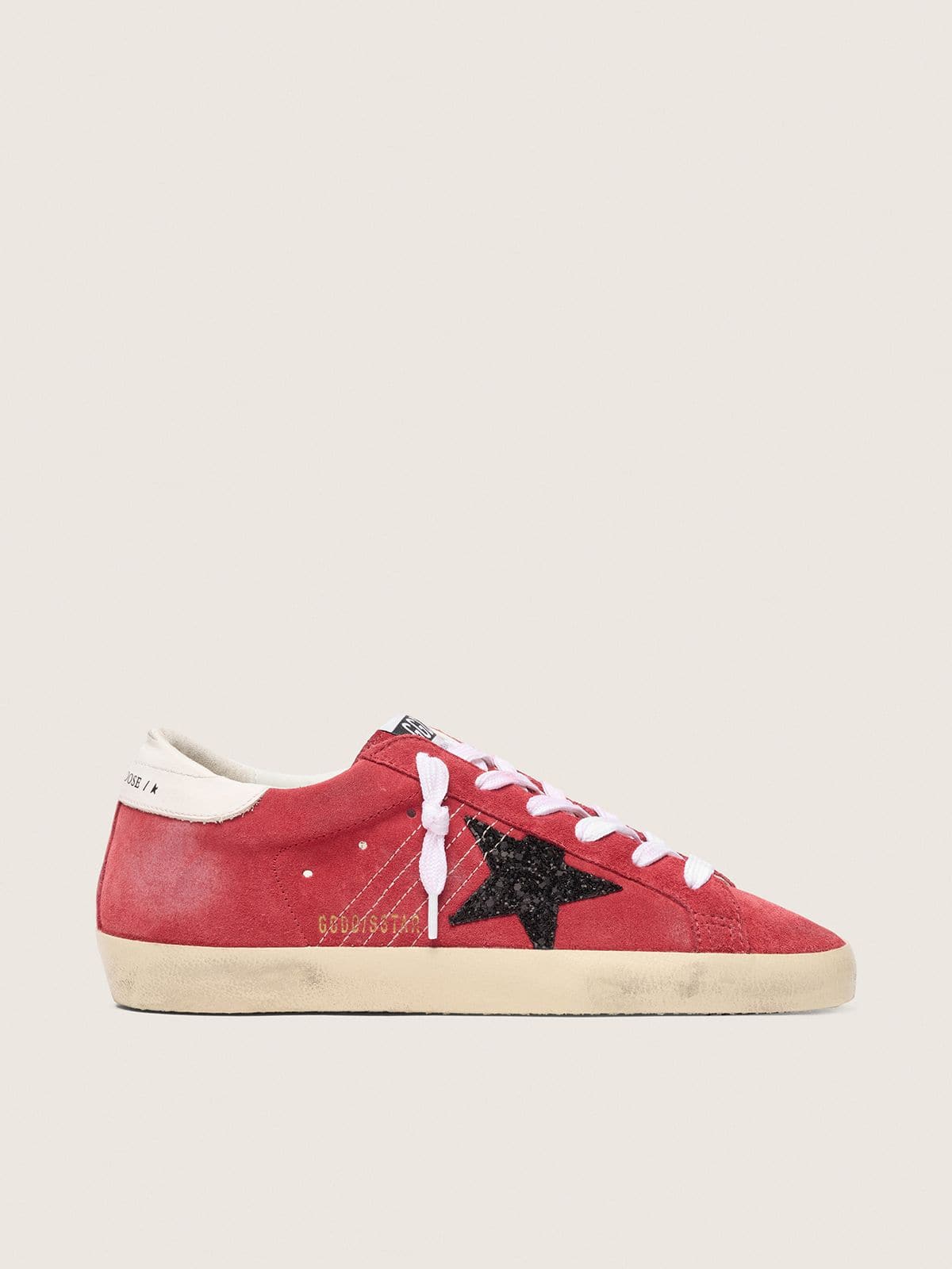 Golden Goose Womens Super-Star In Red Suede With Glitter Star And White Heel Tab Womens