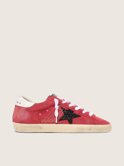 Golden Goose Womens Super-Star In Red Suede With Glitter Star And White Heel Tab Womens