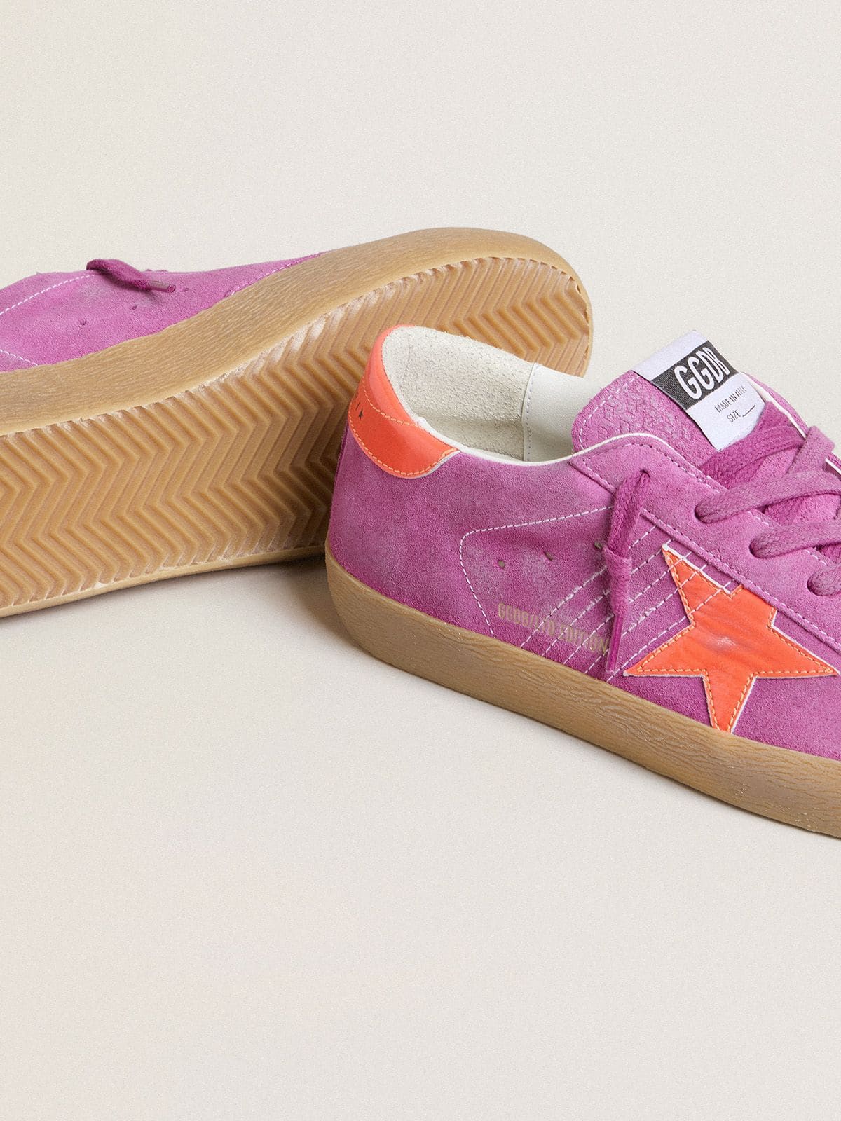 Golden Goose Womens Super-Star In Fuchsia Suede With Fluorescent Orange Laminated Leather Star And Heel Tab Womens