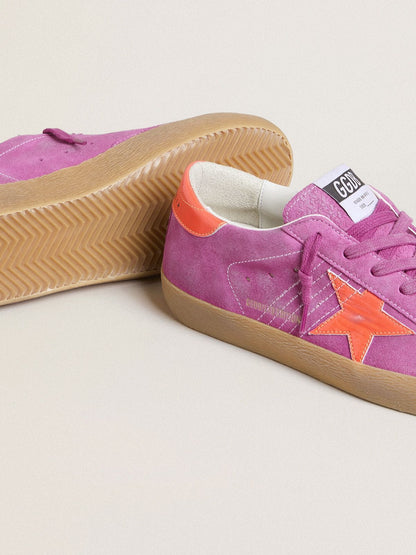 Golden Goose Womens Super-Star In Fuchsia Suede With Fluorescent Orange Laminated Leather Star And Heel Tab Womens