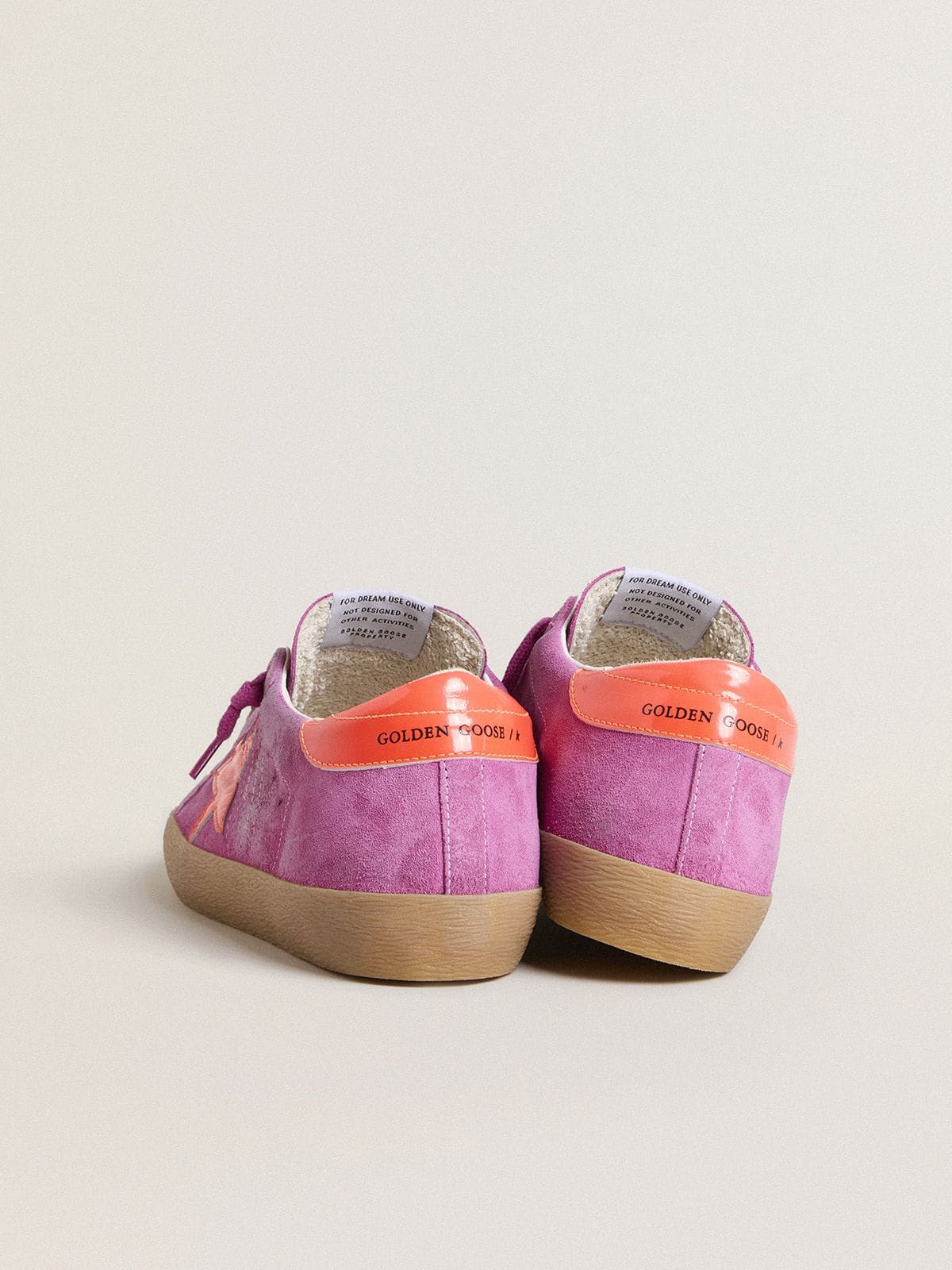 Golden Goose Womens Super-Star In Fuchsia Suede With Fluorescent Orange Laminated Leather Star And Heel Tab Womens