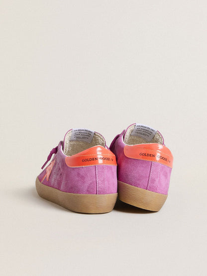 Golden Goose Womens Super-Star In Fuchsia Suede With Fluorescent Orange Laminated Leather Star And Heel Tab Womens