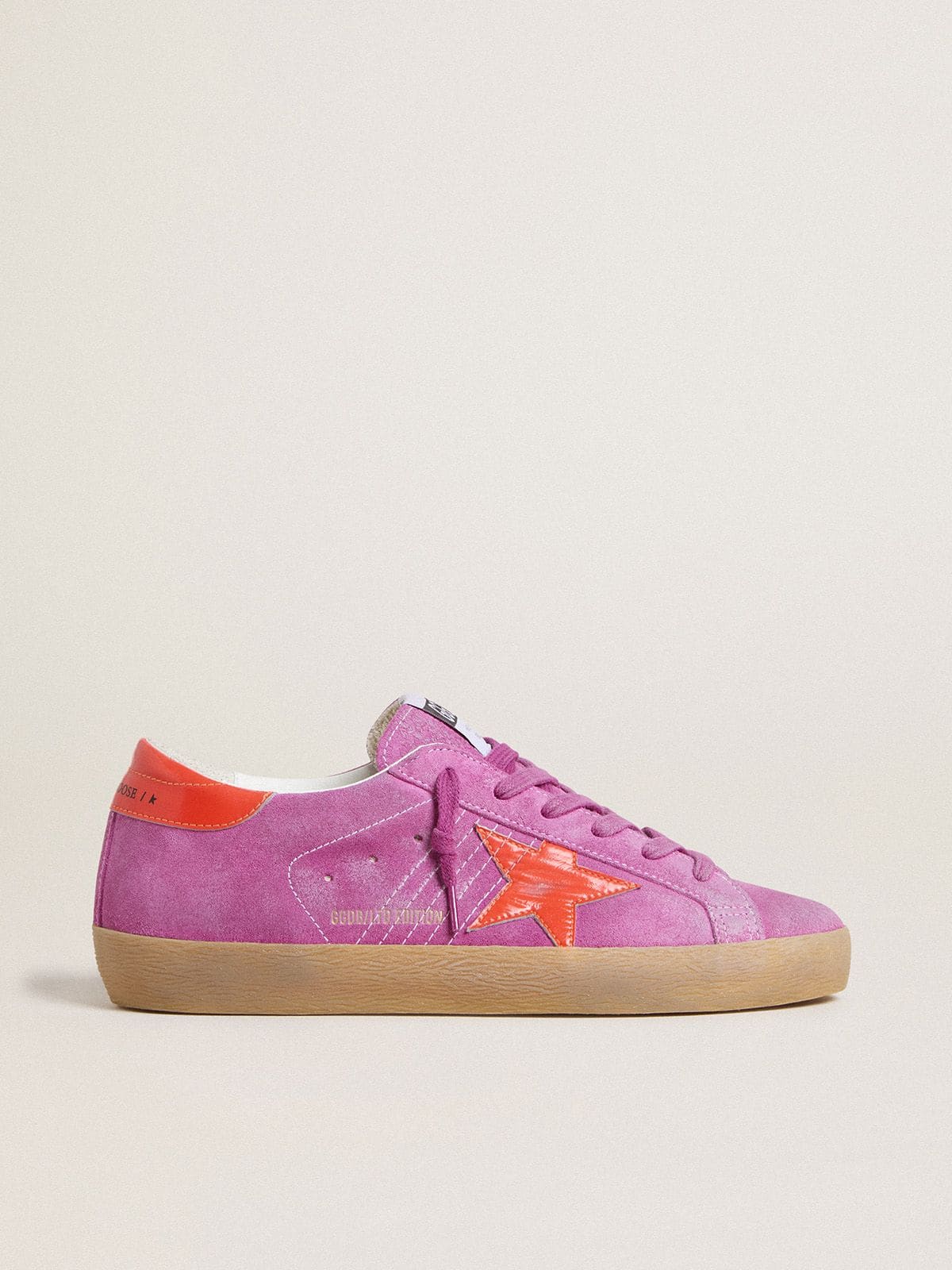 Golden Goose Womens Super-Star In Fuchsia Suede With Fluorescent Orange Laminated Leather Star And Heel Tab Womens