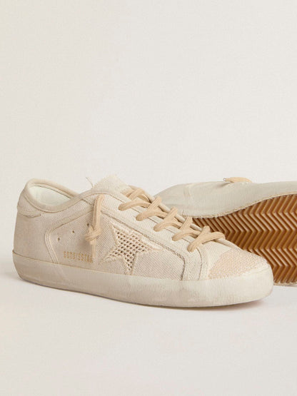 Golden Goose Super-Star In Pearl-Colored Canvas With A Tone-On-Tone Mesh Effect Star Womens