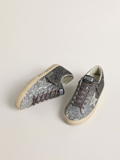 Golden Goose Womens Super Star With Glitter Upper And Silver Metallic Leather Star Womens