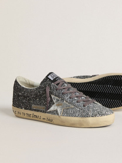 Golden Goose Womens Super Star With Glitter Upper And Silver Metallic Leather Star Womens