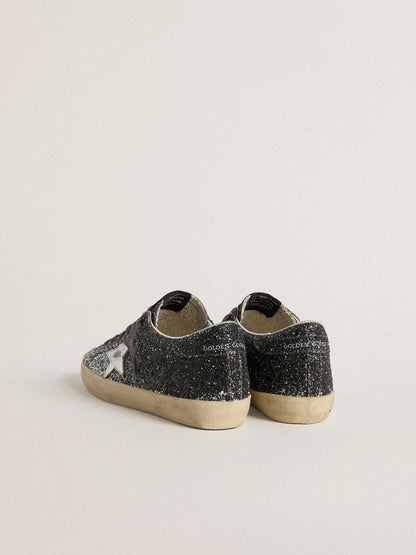 Golden Goose Womens Super Star With Glitter Upper And Silver Metallic Leather Star Womens