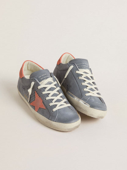 Golden Goose Womens Super Star In Blue Nubuck With Pink Suede Star And Heel Tab Womens