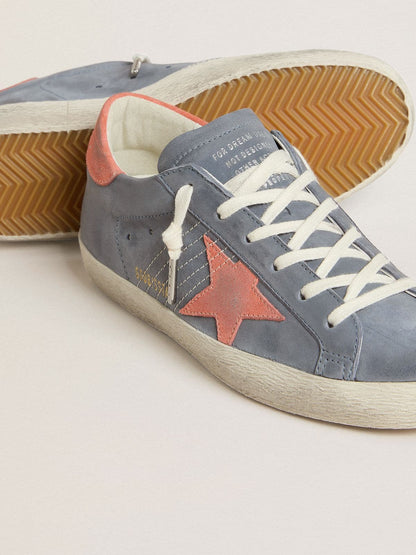 Golden Goose Womens Super Star In Blue Nubuck With Pink Suede Star And Heel Tab Womens