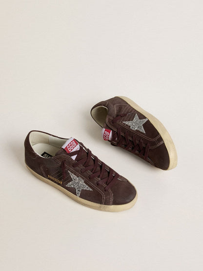 Golden Goose Womens Super-Star In Brown Suede With Silver Glitter Star Womens
