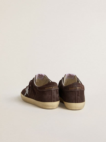 Golden Goose Womens Super-Star In Brown Suede With Silver Glitter Star Womens