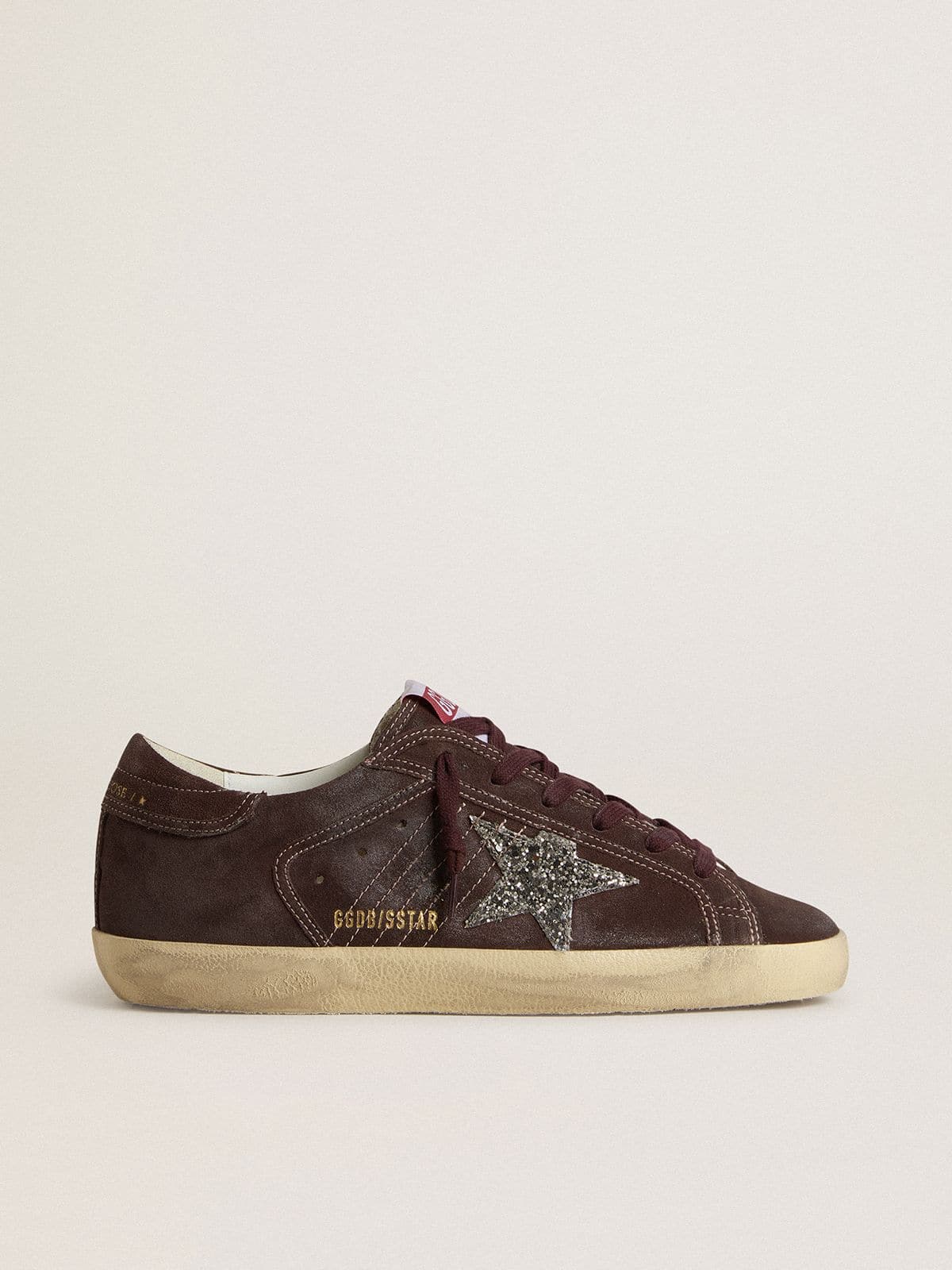 Golden Goose Womens Super-Star In Brown Suede With Silver Glitter Star Womens