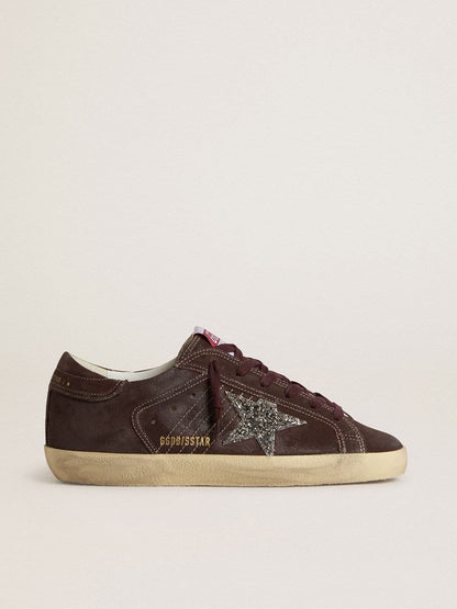 Golden Goose Womens Super-Star In Brown Suede With Silver Glitter Star Womens