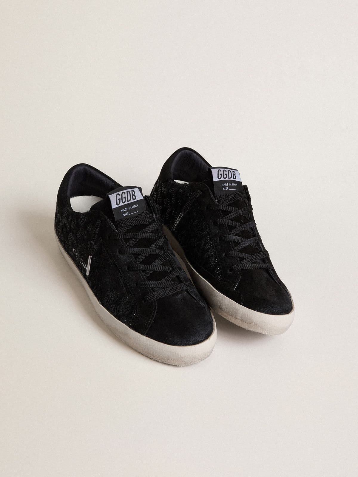 Golden Goose Womens Super-Star In Black Pony Skin With Black Swarovski Crystals And Black Suede Star Womens