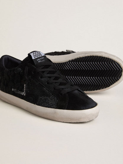 Golden Goose Womens Super-Star In Black Pony Skin With Black Swarovski Crystals And Black Suede Star Womens