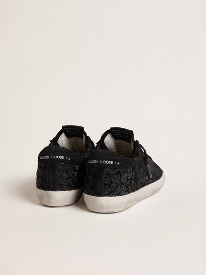 Golden Goose Womens Super-Star In Black Pony Skin With Black Swarovski Crystals And Black Suede Star Womens