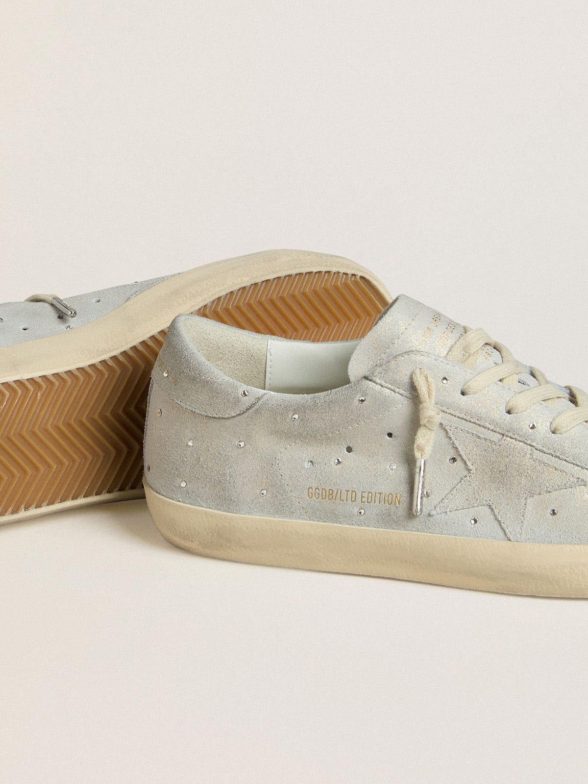 Golden Goose Womens Super-Star Ltd In Platinum Suede And Swarovski Crystals With Platinum Suede Star Womens