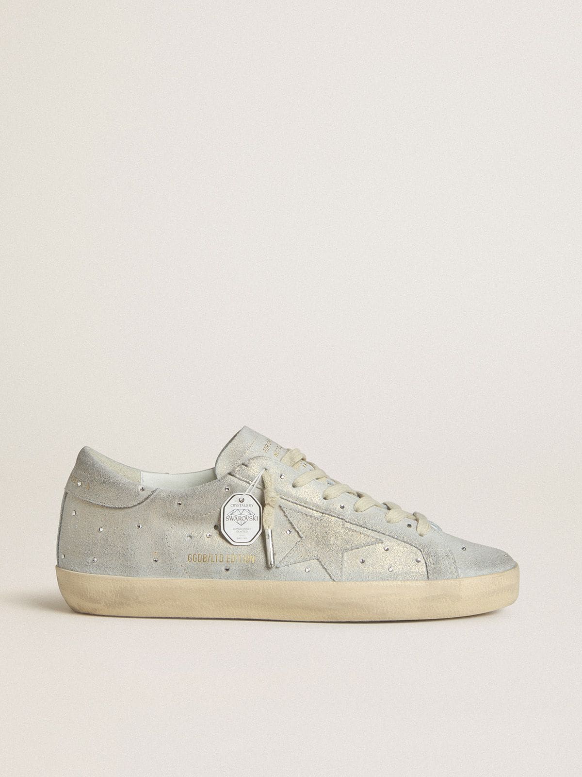 Golden Goose Womens Super-Star Ltd In Platinum Suede And Swarovski Crystals With Platinum Suede Star Womens