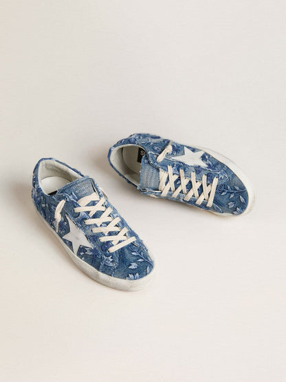 Golden Goose Womens Super-Star Ltd In Light Blue Denim With A White Leather Star And Embroidered Flowers Womens