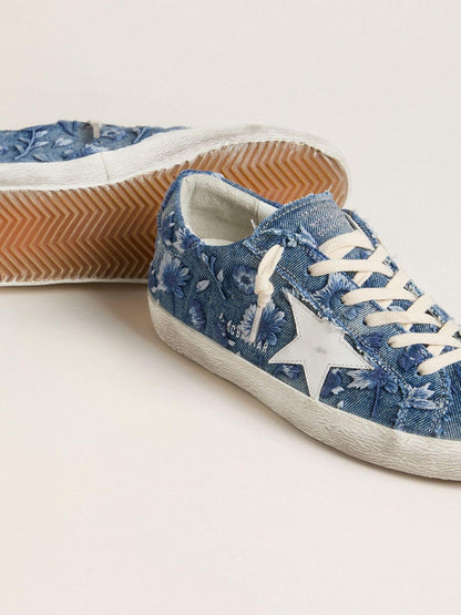 Golden Goose Womens Super-Star Ltd In Light Blue Denim With A White Leather Star And Embroidered Flowers Womens