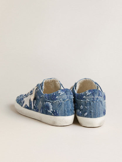Golden Goose Womens Super-Star Ltd In Light Blue Denim With A White Leather Star And Embroidered Flowers Womens