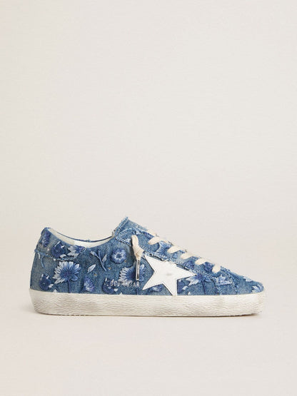 Golden Goose Womens Super-Star Ltd In Light Blue Denim With A White Leather Star And Embroidered Flowers Womens