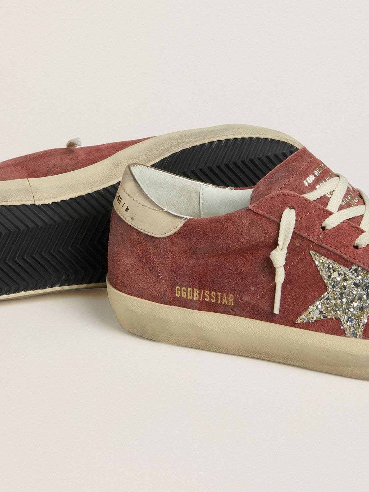 Golden Goose Womens Super-Star Ltd In Red Suede With Silver Glitter Star And Laminated Leather Heel Tab Womens