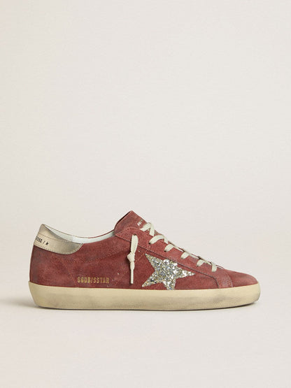 Golden Goose Womens Super-Star Ltd In Red Suede With Silver Glitter Star And Laminated Leather Heel Tab Womens