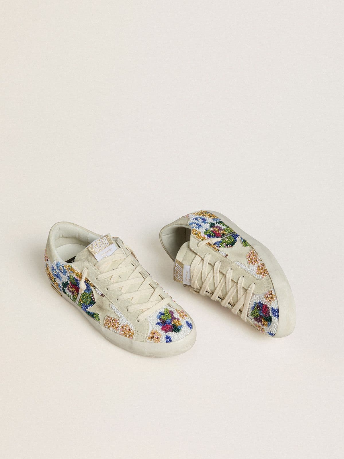 Golden Goose Womens Super-Star With Multicolored Beads And Beige Suede Star Womens