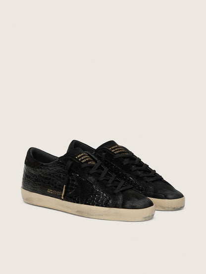 Golden Goose Womens Super-Star Ltd In Black Croc-Print Leather With Black Suede Star And Heel Tab Womens