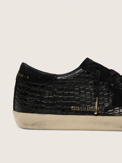 Golden Goose Womens Super-Star Ltd In Black Croc-Print Leather With Black Suede Star And Heel Tab Womens