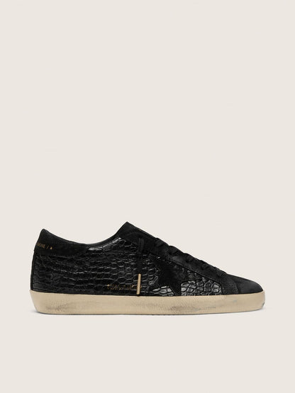 Golden Goose Womens Super-Star Ltd In Black Croc-Print Leather With Black Suede Star And Heel Tab Womens