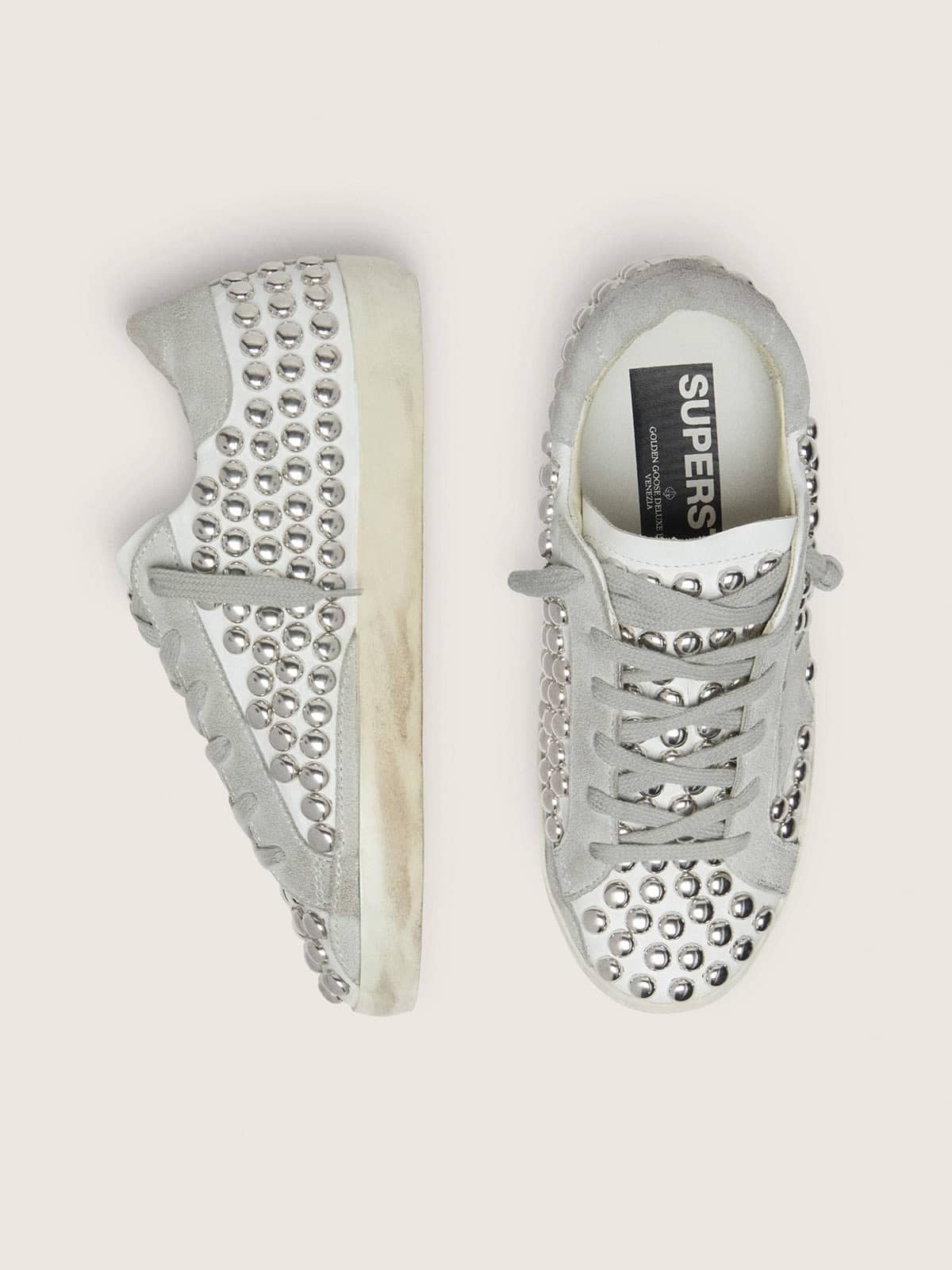 Golden Goose Womens Super-Star In White Leather With Light Gray Star And Metal Studs Womens