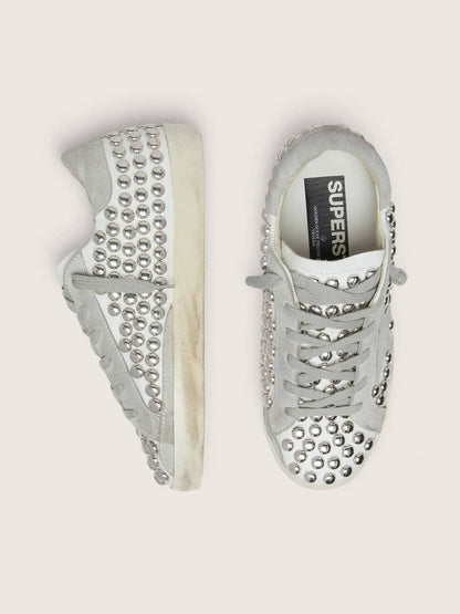 Golden Goose Womens Super-Star In White Leather With Light Gray Star And Metal Studs Womens