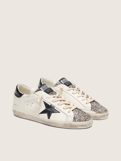 Golden Goose Womens Super-Star Ltd In White Leather With Black Star And Pony Skin Details Womens