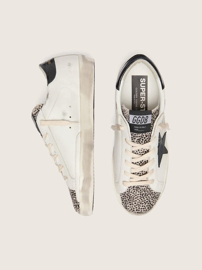 Golden Goose Womens Super-Star Ltd In White Leather With Black Star And Pony Skin Details Womens