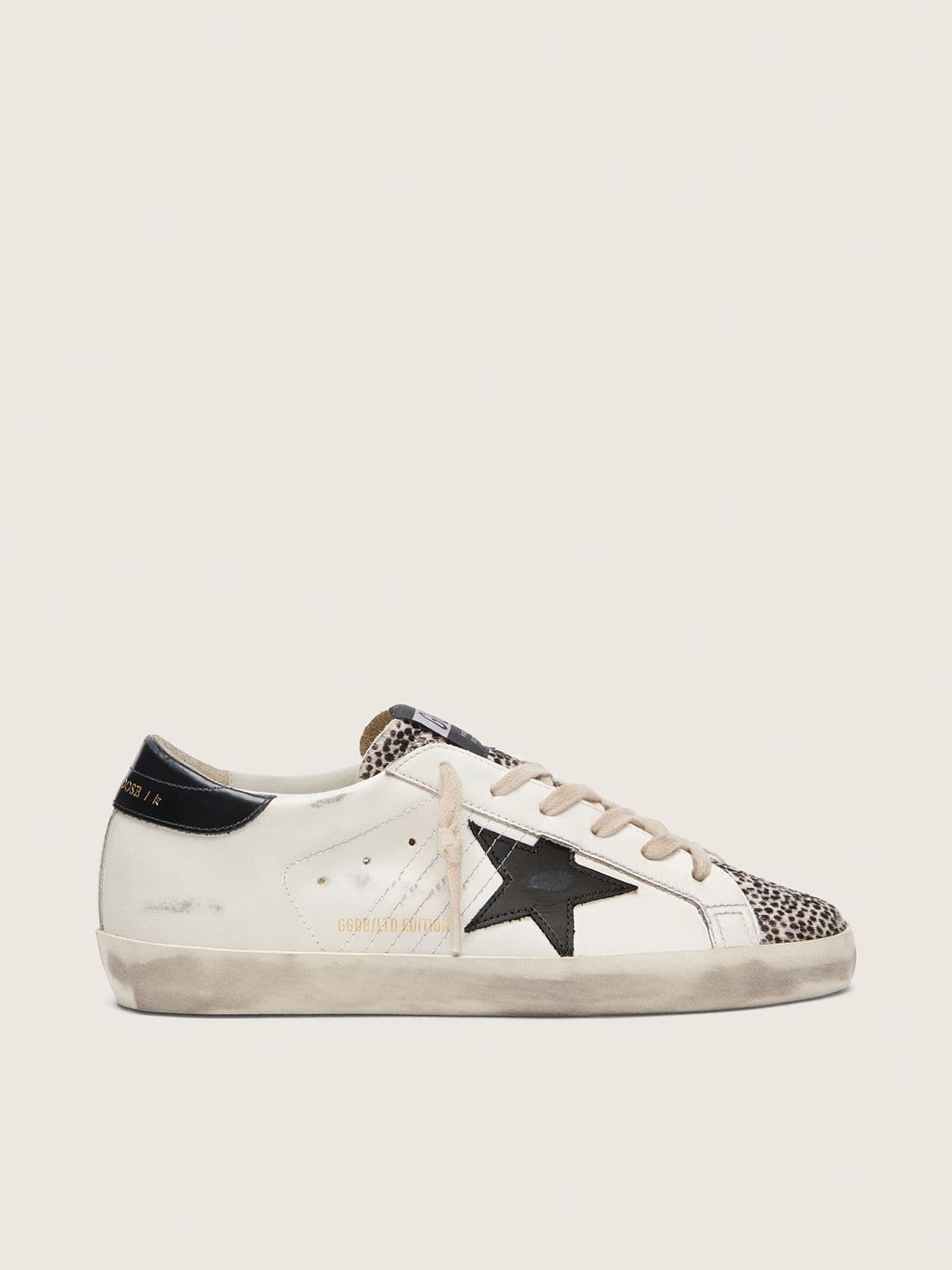 Golden Goose Womens Super-Star Ltd In White Leather With Black Star And Pony Skin Details Womens